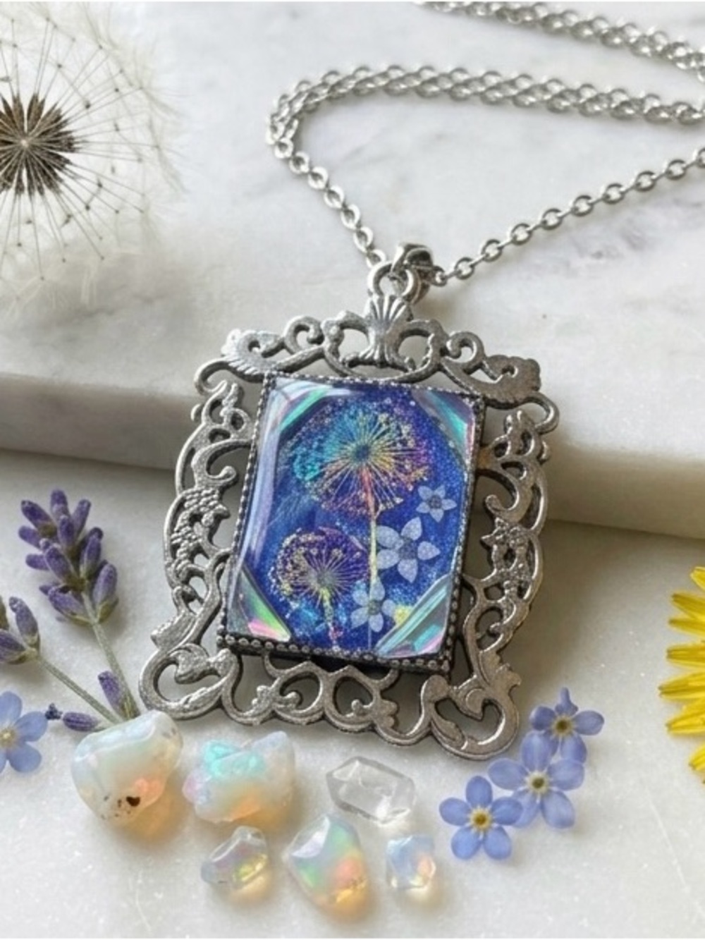 Silver Filigree Pendant Necklace with Blue Dandelion Art